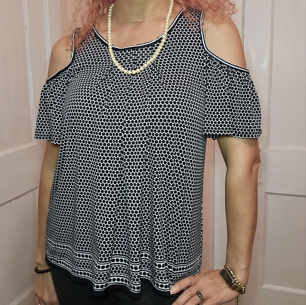 Black and White Polka Dot Cold Shoulder Top